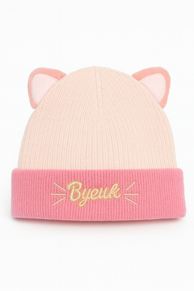 Mamalove Baby Girl Knit Hat – Cute Pink Cat Ear Beanie with “Byeuk” Embroidery