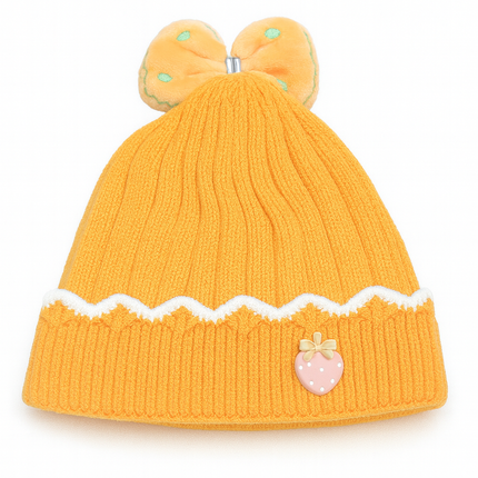 Mamalove Baby Knit Hat – Bright Yellow Beanie with Bow & Strawberry Patch