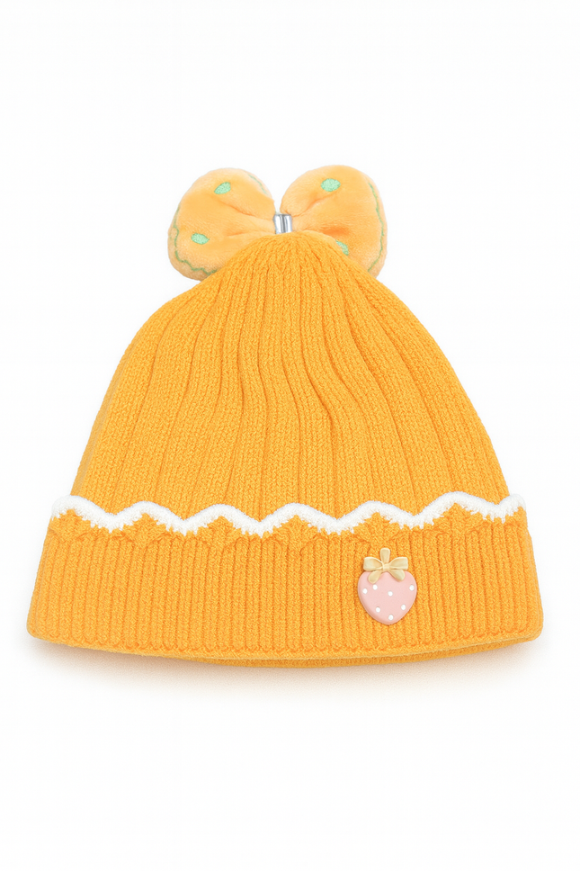 Mamalove Baby Knit Hat – Bright Yellow Beanie with Bow & Strawberry Patch
