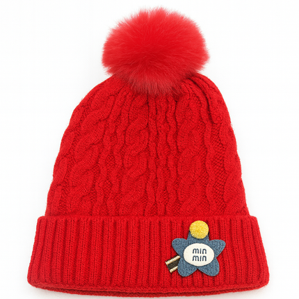 Red Knitted Baby Beanie with Pom Pom – Warm Winter Hat with Flower Patch