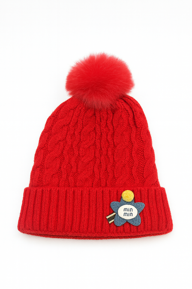 Red Knitted Baby Beanie with Pom Pom – Warm Winter Hat with Flower Patch