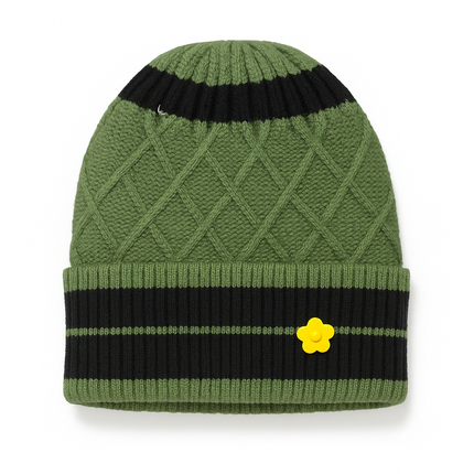 Green & Black Diamond Knit Winter Beanie with Yellow Flower Accent – Cozy Unisex Hat