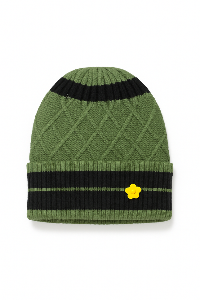 Green & Black Diamond Knit Winter Beanie with Yellow Flower Accent – Cozy Unisex Hat