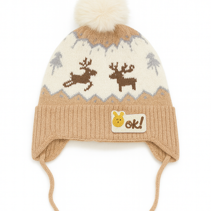 Cute Reindeer Knit Baby Winter Hat with Pom Pom & Ear Flaps – Soft Warm Beanie for Toddlers