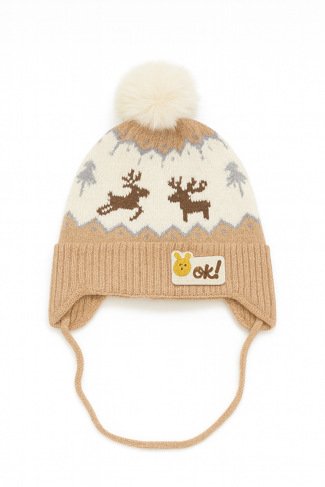 Cute Reindeer Knit Baby Winter Hat with Pom Pom & Ear Flaps – Soft Warm Beanie for Toddlers