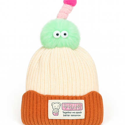 Cute Knitted Baby Winter Hat with Green Pom Pom & Cartoon Bear Patch – Warm Wool Cap for Kids