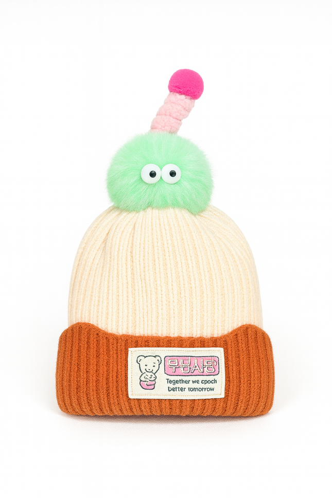 Cute Knitted Baby Winter Hat with Green Pom Pom & Cartoon Bear Patch – Warm Wool Cap for Kids
