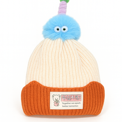 Cute Blue Pom Pom Kids Winter Beanie – Cream & Orange Knit Hat with Fun Eyes