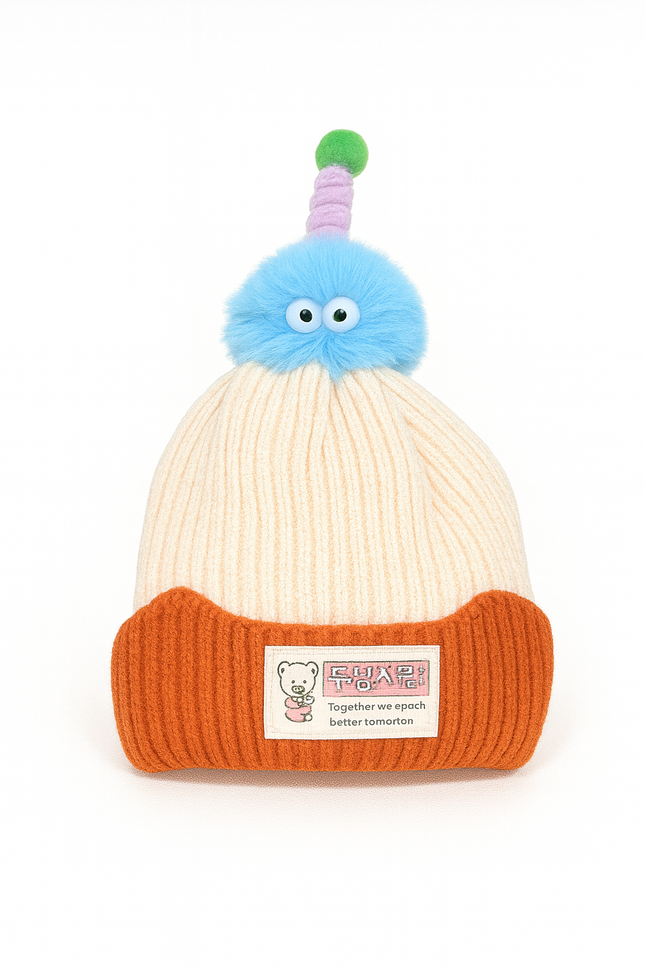 Cute Blue Pom Pom Kids Winter Beanie – Cream & Orange Knit Hat with Fun Eyes