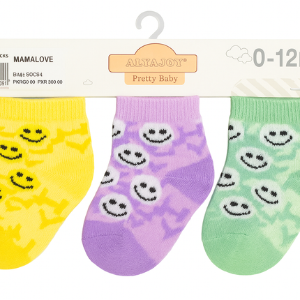 MAMALOVE Baby Socks (3 Pairs) – Colorful Smiley Face Design for 0–12 Months