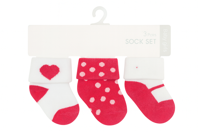 Baby Girl Socks Set (3 Pairs) – Soft Cotton Heart & Polka Dot Design for Newborns