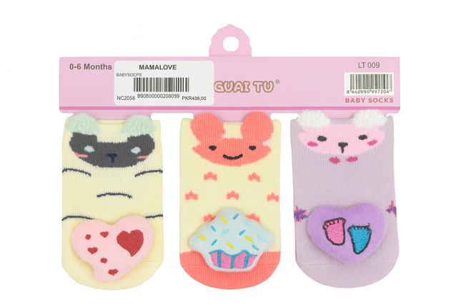 MAMALOVE Baby Socks (3 Pairs) – Soft Animal & Heart Design for 0–6 Months