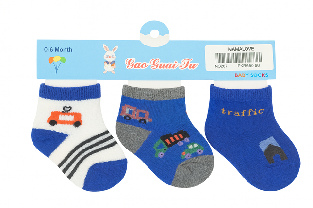 Baby Boy Socks Set (3 Pairs) – Soft Cotton Traffic Design Socks for 0–6 Months