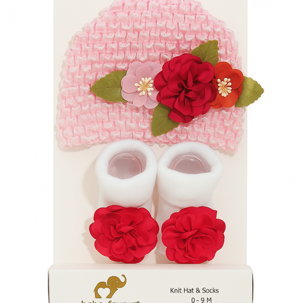 Bebe Favour Baby Knit Hat & Socks Set – Pink Floral Design for Newborn Girls (0–9 Months)