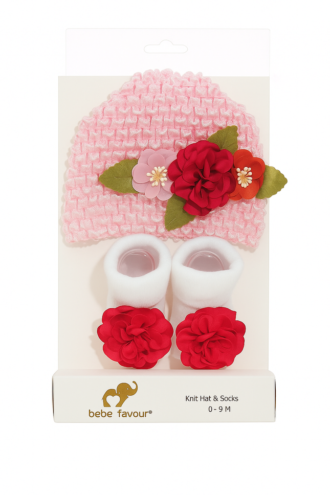 Bebe Favour Baby Knit Hat & Socks Set – Pink Floral Design for Newborn Girls (0–9 Months)