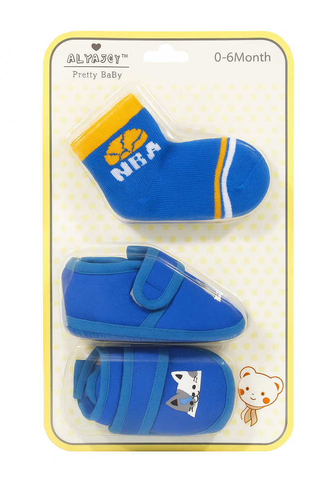 Alyascy Pretty Baby Booties & Socks Set – Blue Newborn Shoes for Boys (0–6 Months)