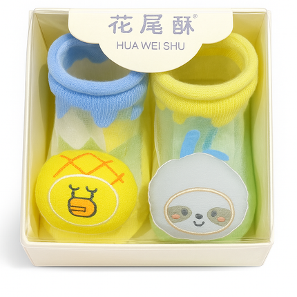 HUA WEI SHU Baby Socks Gift Set – Soft Mesh Cotton Booties with Cute Animal Designs (Yellow & Blue)