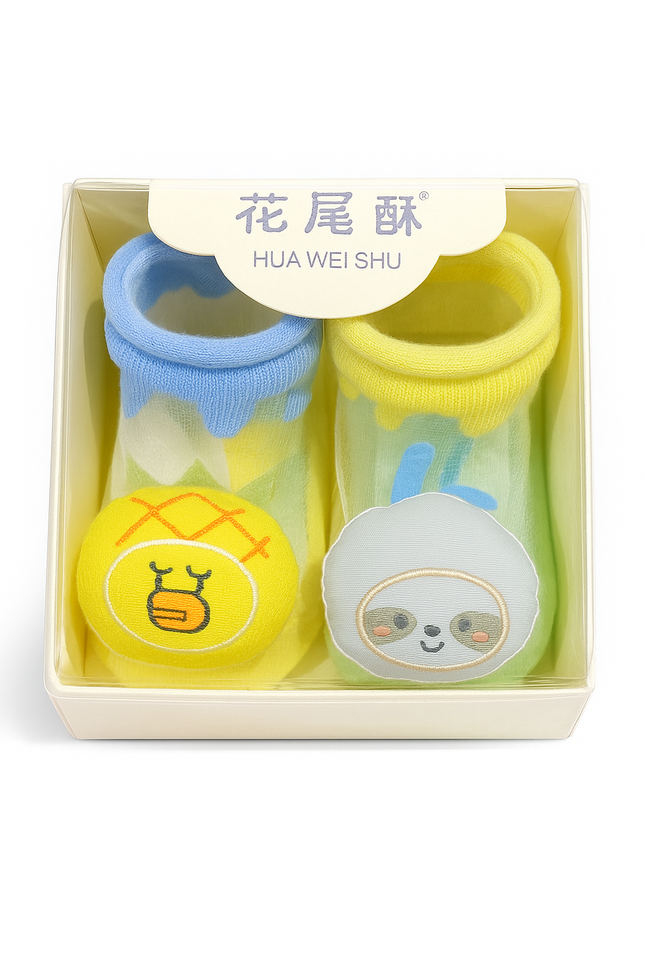 HUA WEI SHU Baby Socks Gift Set – Soft Mesh Cotton Booties with Cute Animal Designs (Yellow & Blue)