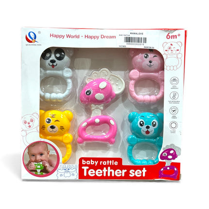 Baby Rattle Teether Set – 5 Pcs Animal Shaped Infant Teething Toys (6M+)