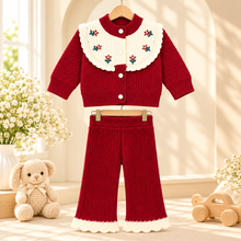 Baby Girls Maroon Floral Collar Cardigan & Knitted Pants  2533