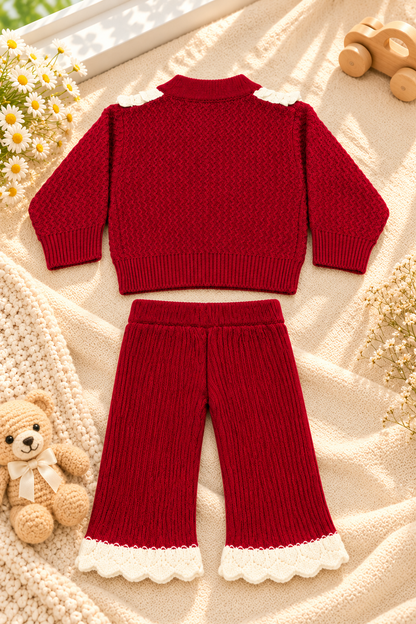 Baby Girls Maroon Floral Collar Cardigan & Knitted Pants  2533