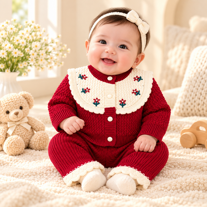 Baby Girls Maroon Floral Collar Cardigan & Knitted Pants  2533