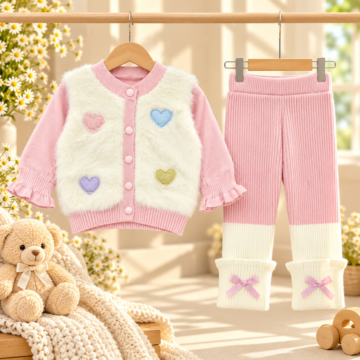 Baby Girls Fluffy Heart Cardigan & Knitted Pants Set