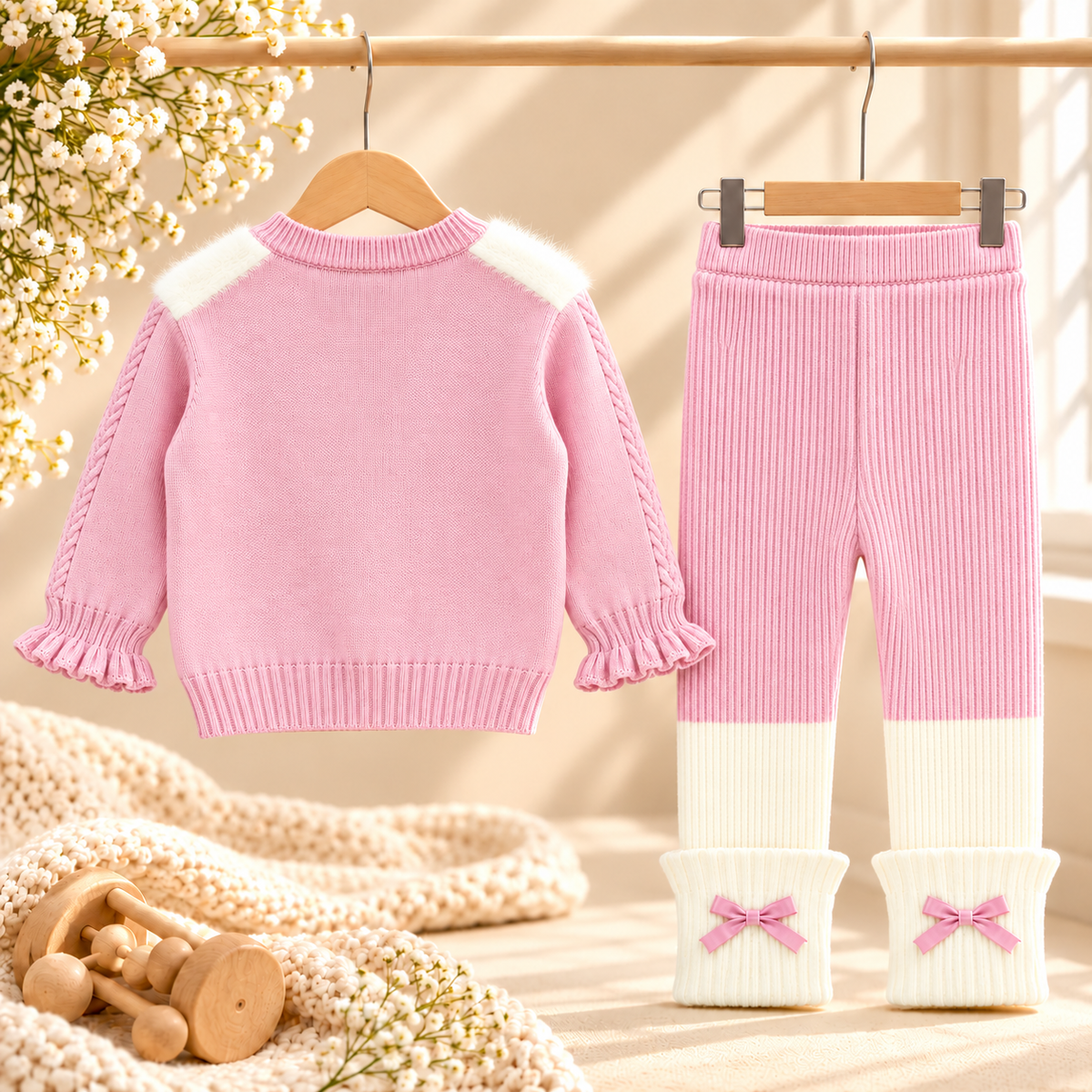 Baby Girls Fluffy Heart Cardigan & Knitted Pants Set