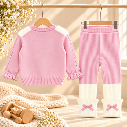 Baby Girls Fluffy Heart Cardigan & Knitted Pants Set