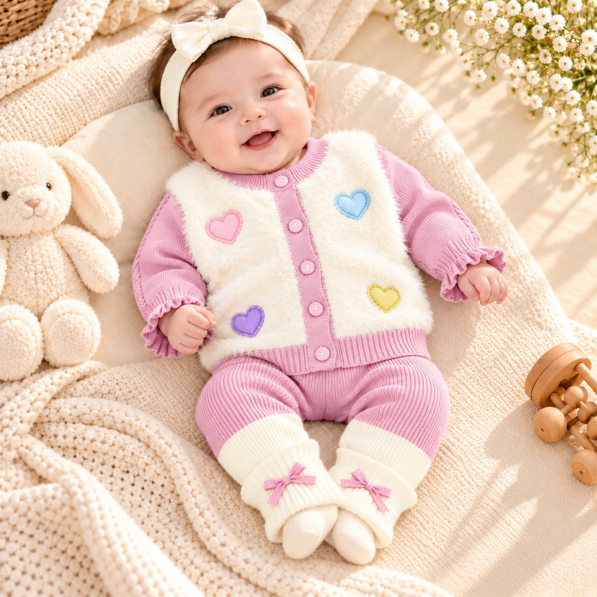 Baby Girls Fluffy Heart Cardigan & Knitted Pants Set