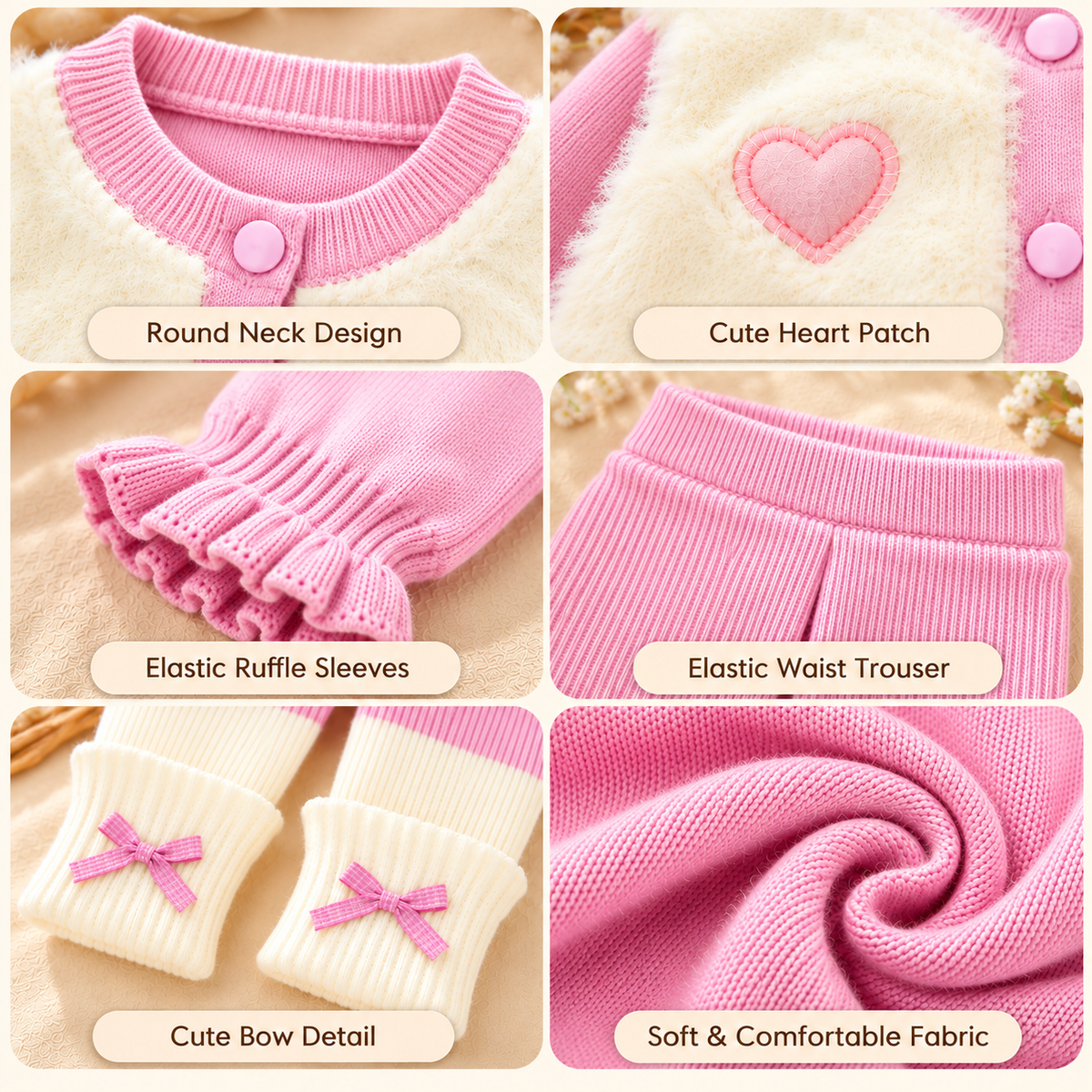 Baby Girls Fluffy Heart Cardigan & Knitted Pants Set