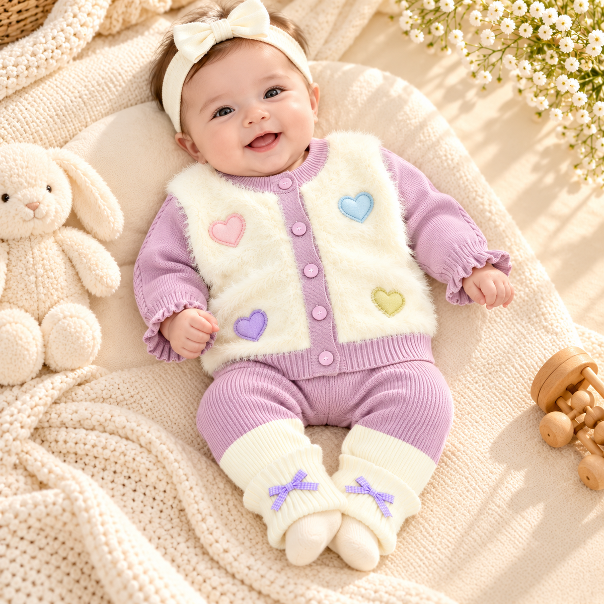Baby Girls Fluffy Heart Cardigan & Knitted Pants Set