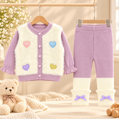 Baby Girls Fluffy Heart Cardigan & Knitted Pants Set
