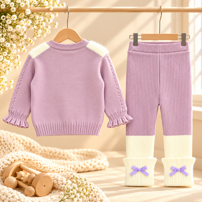 Baby Girls Fluffy Heart Cardigan & Knitted Pants Set