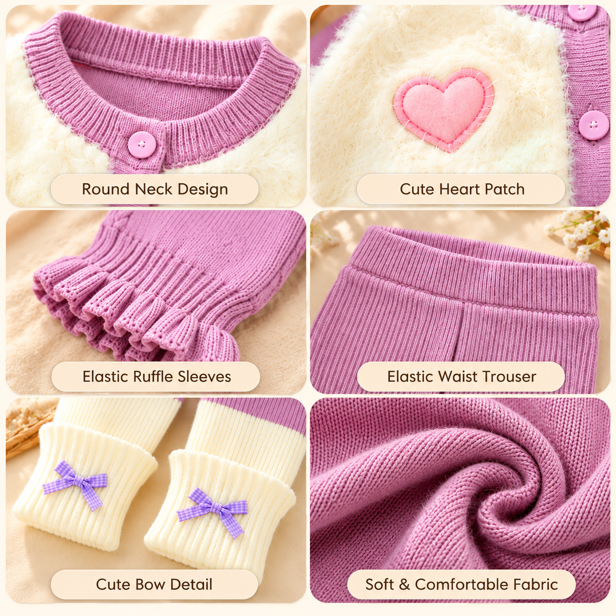 Baby Girls Fluffy Heart Cardigan & Knitted Pants Set