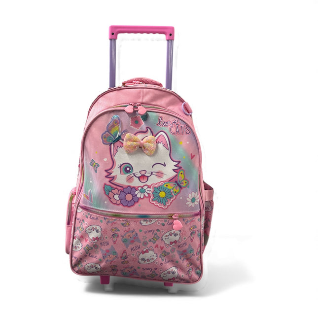 Love Cats Pink Trolley School Bag for Girls – Rolling Backpack