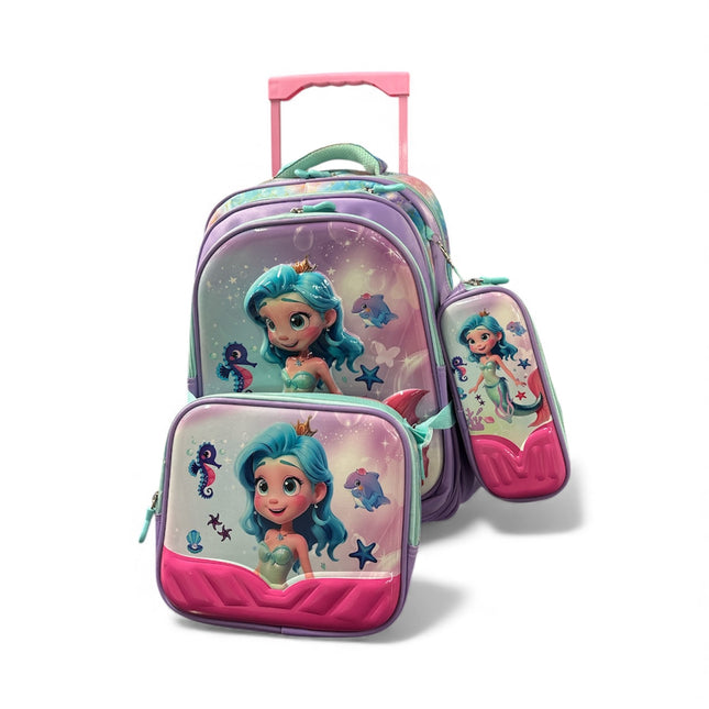 Mermaid Princess 3-in-1 Trolley School Bag Set – Rolling Backpack with Lunch & Pencil Bag