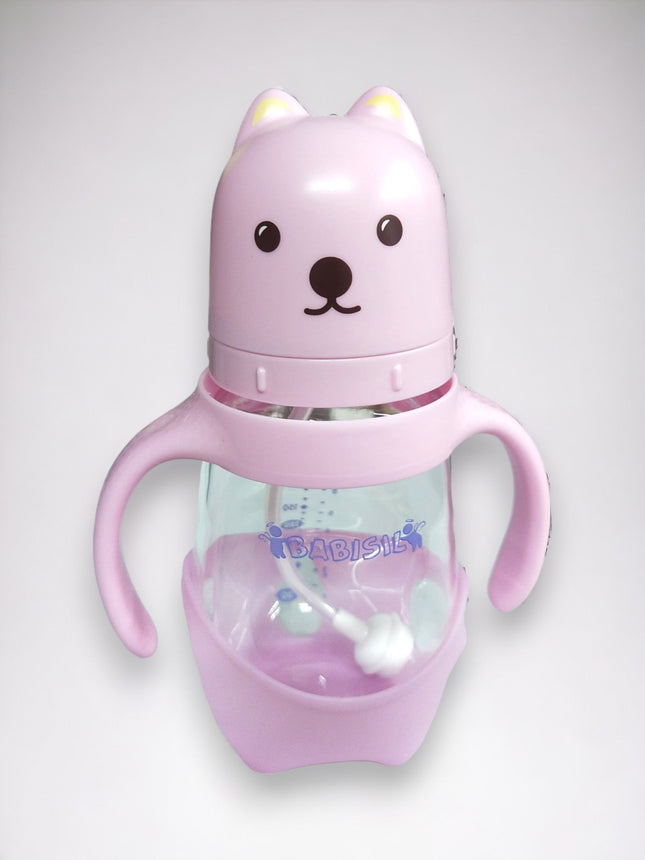 BABISIL BABY GLASS FEEDER WIDE NECK 240 ML PINK TEDDY