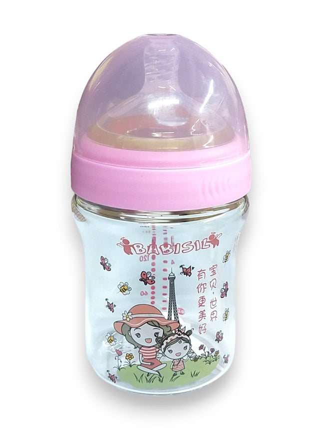 BABISIL BABY GLASS FEEDER WIDE NECK 180 ML PINK N