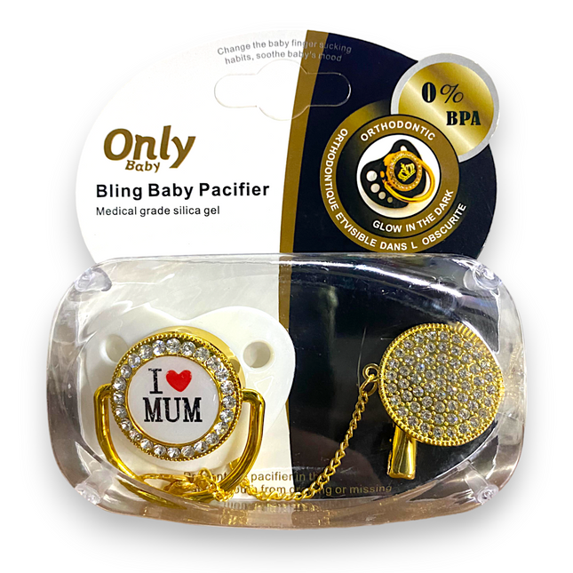 ONLY BABY BLING PACIFIER WITH CHAIN HOLDER  GOLDEN WHITE I LOVE MUM