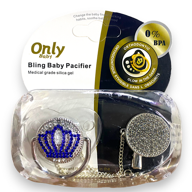 ONLY BABY BLING PACIFIER WITH CHAIN HOLDER  SILVER BLUE CROWN