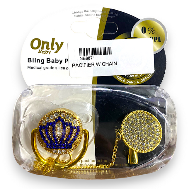 ONLY BABY BLING PACIFIER WITH CHAIN HOLDER  GOLDEN BLUE CROWN