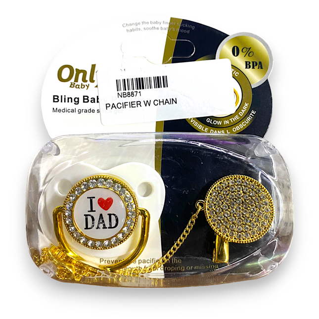 ONLY BABY BLING PACIFIER WITH CHAIN HOLDER  GOLDEN WHITE I LOVE DAD