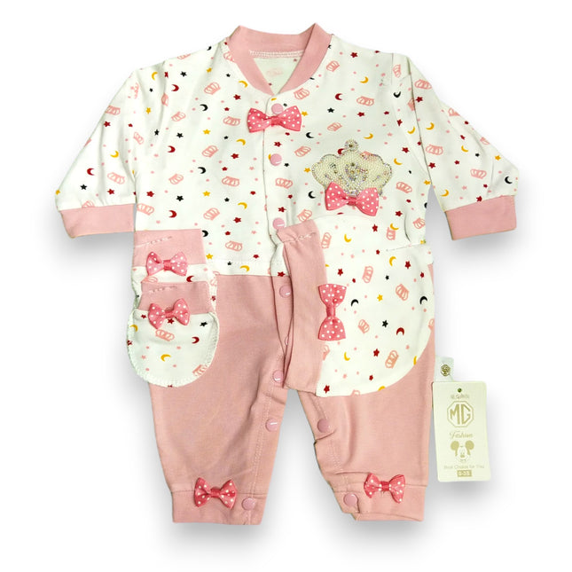 MG BABY GIRL ROMPER SUIT CROWN 3 PCS SET WHITE AND PINK