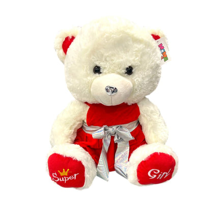 Huggable White Teddy Bear With Red & Silver Color Bow