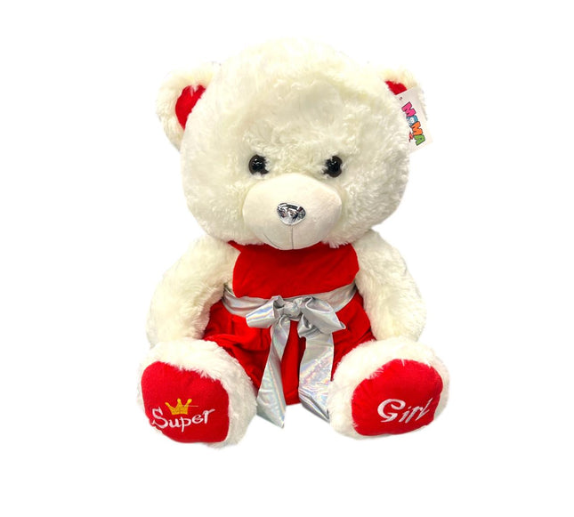 Huggable White Teddy Bear With Red & Silver Color Bow