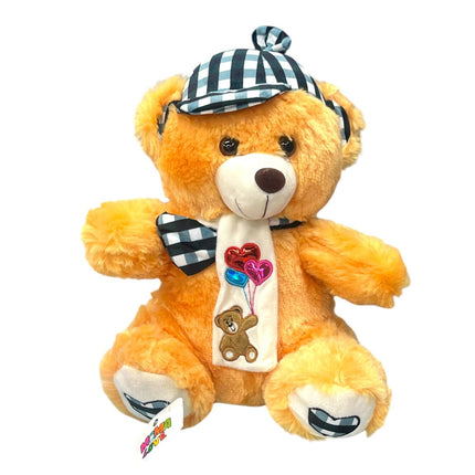 Golden Teddy Bear With Checkered Hat And Scarf