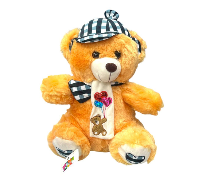 Golden Teddy Bear With Checkered Hat And Scarf