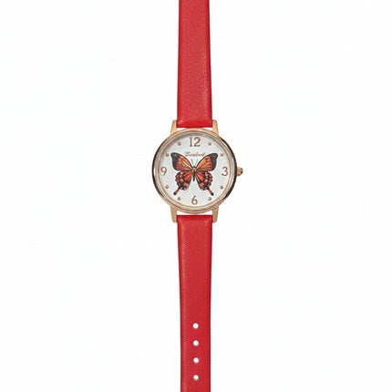 Women's Analog Watch – Red Leather Strap with Butterfly Dial