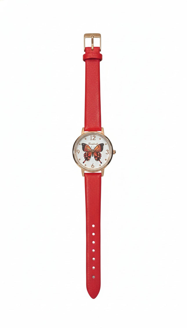 Women's Analog Watch – Red Leather Strap with Butterfly Dial